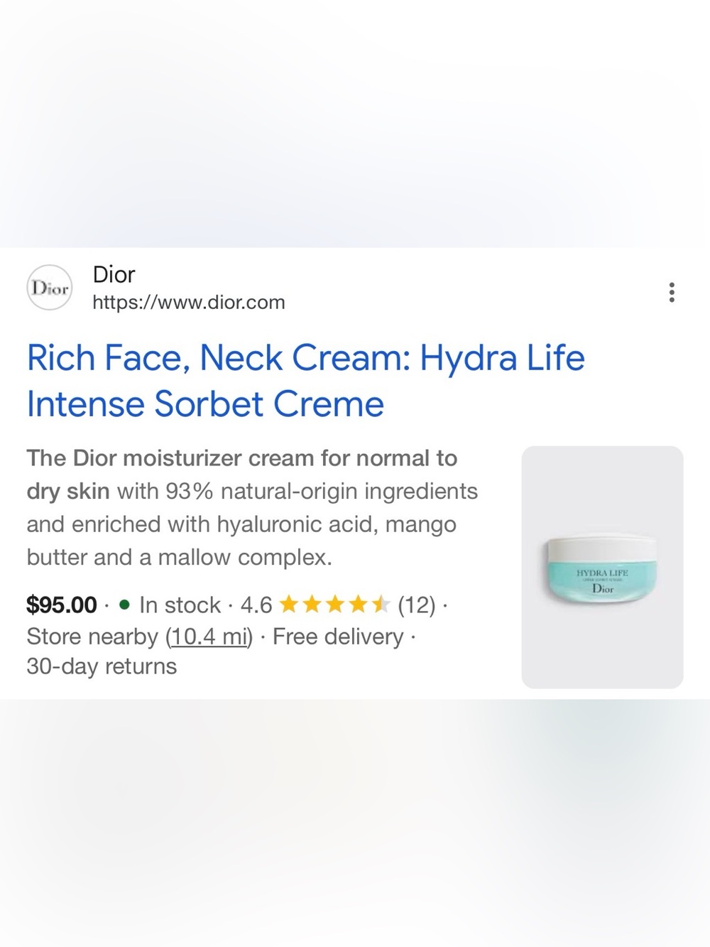 $95 HYDRA LIFE CRÈME SORBET INTENSE Dior